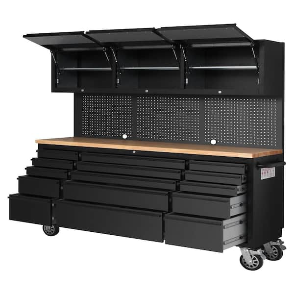 72 in. Stainless Steel Mobile Workbench Cabinet with Wheels, 15-Drawer, 3 Top Storage Cabinet, Rubber Wood Top,Lock Key
