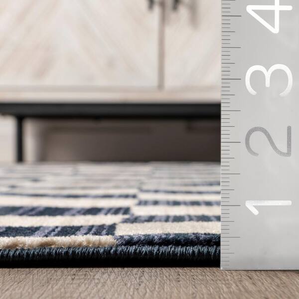 Dominique Abstract Checkered Fringe 6 ft. 4 in. x 6 ft. 4 in. Navy Area Rug