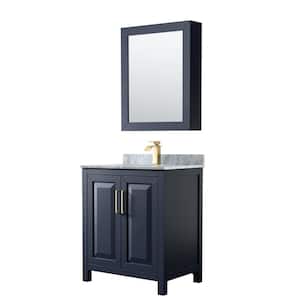 Daria 30 in. Single Vanity in Dark Blue with Marble Vanity Top in White Carrara with White Basin and MedCab Mirror
