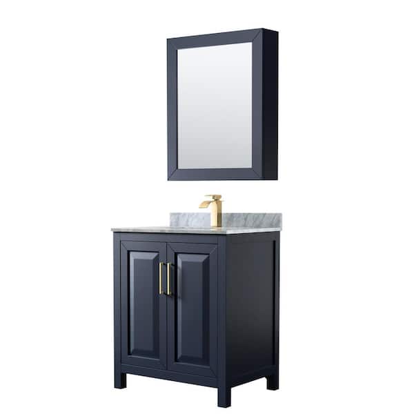Wyndham Collection Daria 30 in. Single Vanity in Dark Blue with Marble Vanity Top in White Carrara with White Basin and MedCab Mirror