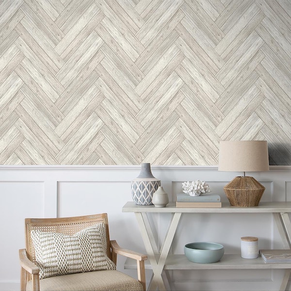Herringbone Wood Whitewash Vinyl Peel and Stick Wallpaper Roll (Covers 30.75 sq. ft.)