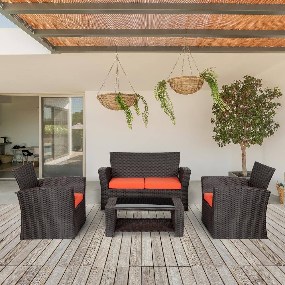 Grandview Outdoor Chocolate Wicker 4-Piece Patio Set with Orange Cushions