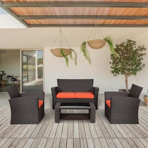 Hudson 4-Piece Chocolate Wicker Outdoor Patio Loveseat and Armchair Conversation Set w/Orange Cushions and Coffee Table