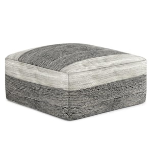 Mathis Boho Square Woven Outdoor/ Indoor Pouf in Grey and White Recycled PET Polyester