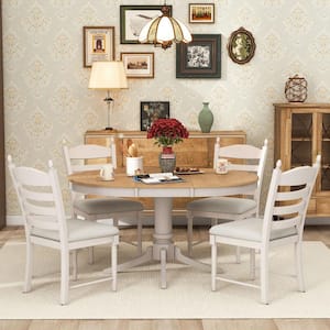 Retro 5-Piece Off White Wood Top Extendable Round Dining Table Set with 4-Upholstered Chairs