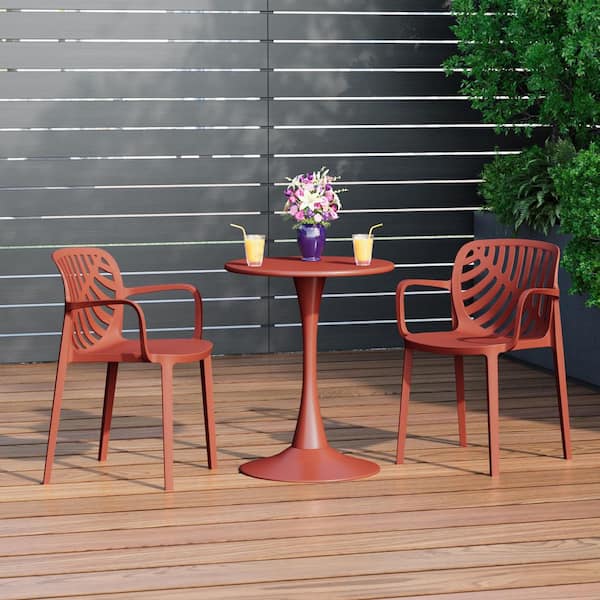 Frond and Form Modern Outdoor Patio Poly Plastic Stacking Dining Armchair (Set of 2) in Red