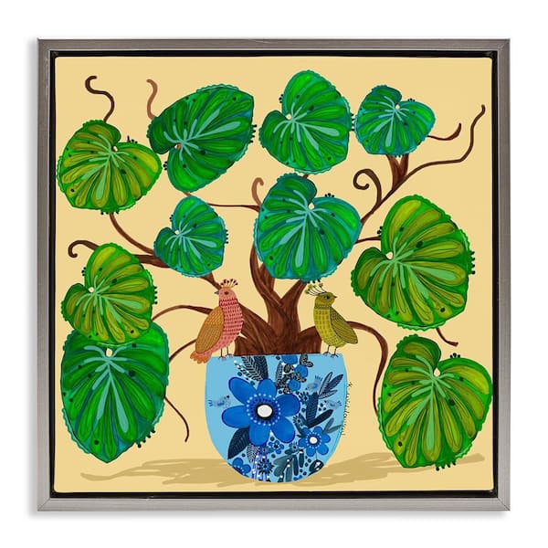 Stupell Industries Potted Plant & Birds Perched by Kay Widdowson Gray Floater Frame Animal Graphic Art Print 18 in. x 18 in.