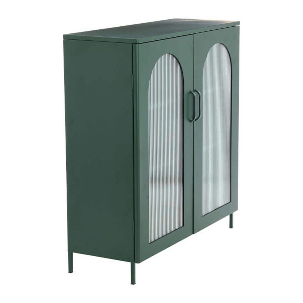 Dark Green Metal Cabinet with Adjustable Shelves and Arched Glass Doors
