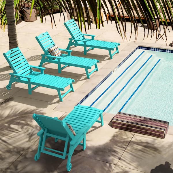 LUE BONA Oversized Plastic Outdoor Chaise Lounge Chair with Wheels and Adjustable Backrest for Poolside Patio(set of 4)ArubaBlue