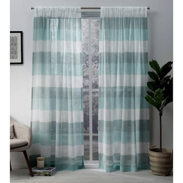 Unbranded Teal Striped Rod Pocket Sheer Curtain - 54 in. W x 84 in. L (Set of 2)