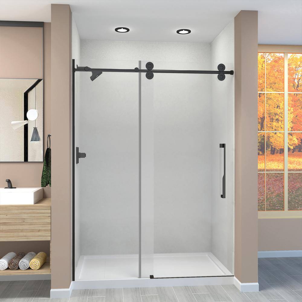 Matte Black Semi-Frameless Sliding Shower Door with Clear Glass