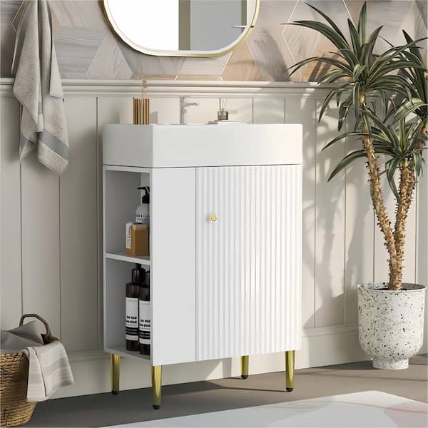 21-5/8 in. W x 12-1/5 in. D x 33-7/8 in. H Single Sink Left Side Shelves Bath Vanity in White with White Ceramic Top