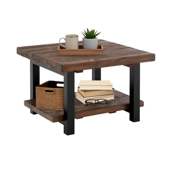 Alaterre Furniture Pomona 27 in. Rustic Natural/Black Square Wood Top Coffee Table with Shelf