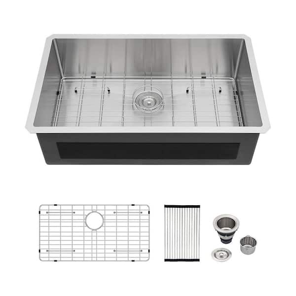 33 in. Undermount Sink Single Bowl 16-Gauge Brushed Stainless Steel Kitchen Sink with Bottom Grid