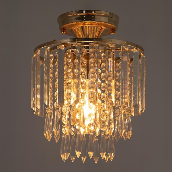 OUKANING 9.05 in. 1-Light Gold Modern Crystal Semi-Flush Mount