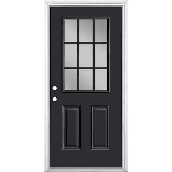 Masonite 36 in. x 80 in. 9-Lite Right-Hand Inswing Jet Black Painted Steel Prehung Front Exterior Door with Brickmold