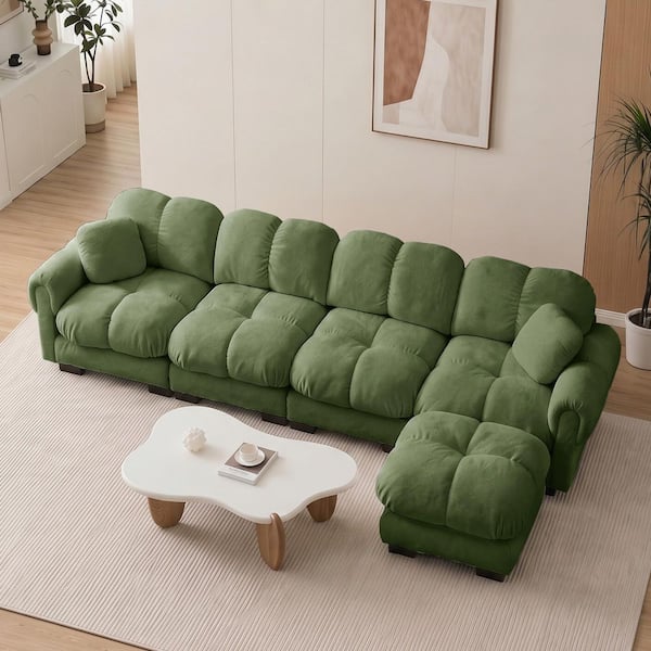 Kirby 131.5 in. Round Arms Chenille L-Shaped Sectional Sofa in Green with Exquisite Pillows, Movable Ottoman