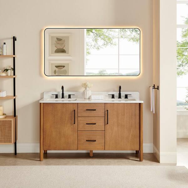 Velora 60 in. Double Freestanding Mango Brown Bath Vanity with Grain White Engineered Stone Top Assembled, Mirror