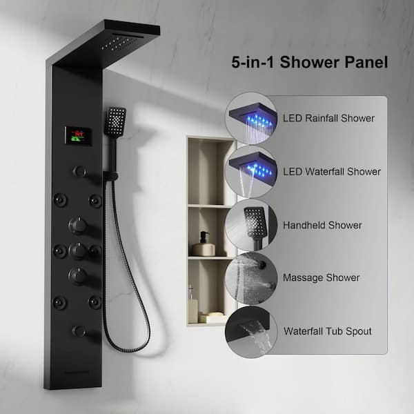 8-Jet Stainless Steel Shower Tower with LED Light Temperature Display, Rainfall/Waterfall Shower Head in Matte Black