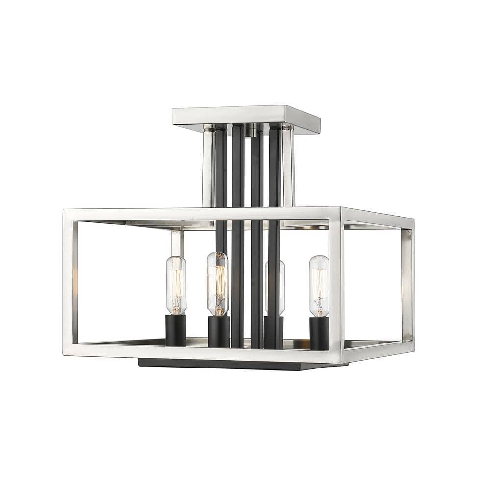 Quadra 12 in. 4-Light Brushed Nickel Plus Black Semi-Flush Mount with no Sh