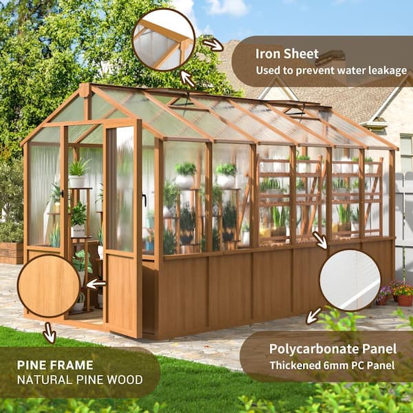 VIWAT 6 ft. W x 12 ft. D Wooden Polycarbonate Greenhouse with