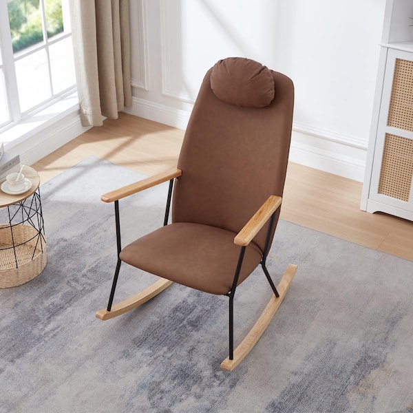 Unbranded Modern Brown Faux Leather High Backrest Adjustable Headrest Pillow Rocking Chair Comfy Side Chair for Nursery, Bedroom