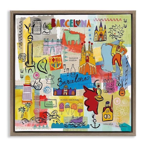 Stupell Industries Barcelona Landmarks Spain Traditions by Veronique Charron Brown Floater Frame Travel Graphic Art Print 18 in. x 18 in.