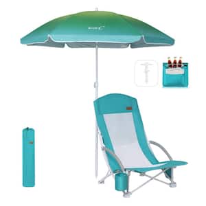1-Piece Blue Metal High Back Camping Folding Beach Chair with Umbrella, Cooler and Carry Bag for Adults