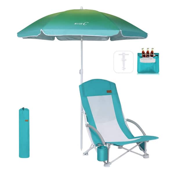 Angel Sar 1-Piece Blue Metal High Back Camping Folding Beach Chair with Umbrella, Cooler and Carry Bag for Adults