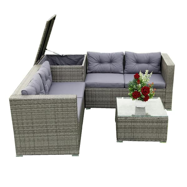 Boosicavelly 4-Piece Patio Wicker Rattan Furniture Outdoor Sectional Set with Grey Cushion and Storage Box