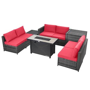 9-Pieces Patio Rattan Furniture Set Fire Pit Table Storage Black with Cover Red