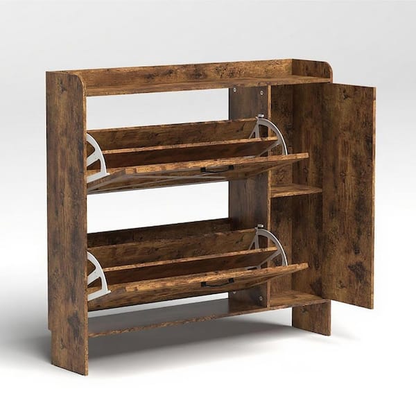 40.5 in. H x 43.3 in. W Rustic Brown Wood Shoe Storage Cabinet with 2 Flip Drawers and Mirror Narrow Shoe Rack Cabinet