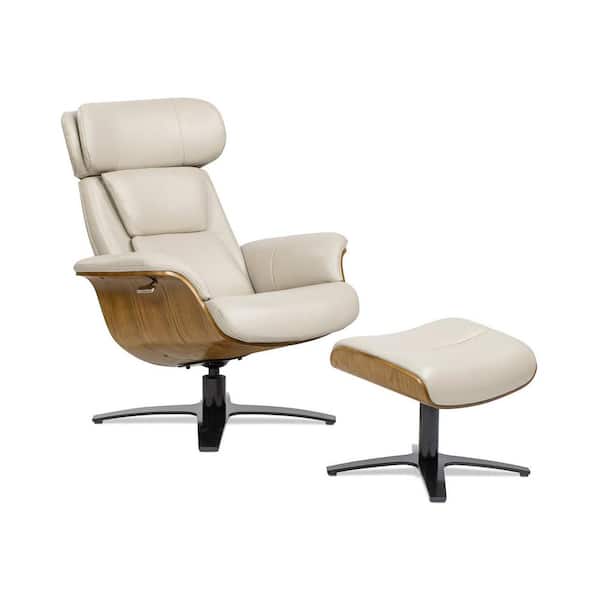Jennifer Taylor Jovan 31.5 in. Mid-Century Modern Genuine Leather Living Room Recliner Lounge Chair and Ottoman Set in Pastel Beige