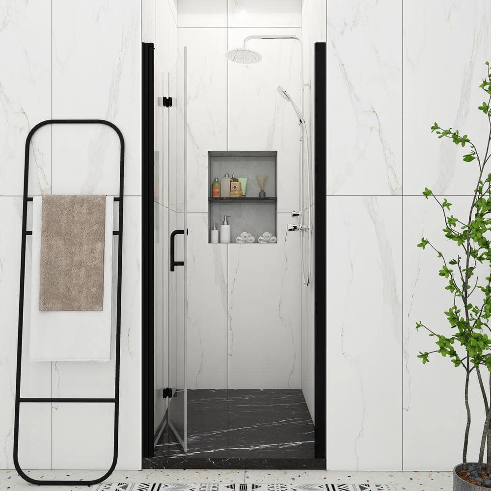 34 in. W x 72 in. H Bifold Semi-Frameless Shower Door in Black Finish with 