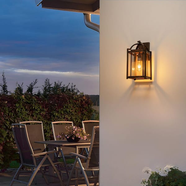 17 in. 1-Light Rust Color Outdoor Wall Light Lantern Sconce with Clear Glass Shade