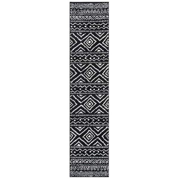 Tulum 2 ft. x 15 ft. Black/Ivory Striped Geometric Diamonds Runner Rug
