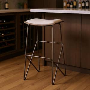 30.00 in. H Cream, Gold Bar Height Metal Bar Stool with Upholstered Seat