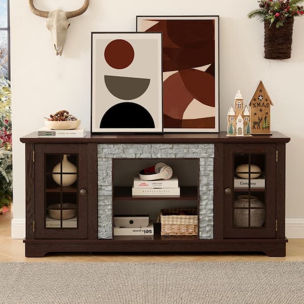 58 in. W x 15 in. D x 26 in. H Cherry Wood Outdoor Storage Cabinet, Large TV Stand with 2-Door Storage for Living Room