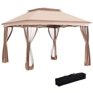 11 ft. x 11 ft. Pop Up Canopy Tent with Removable Zipper Netting and Carry Bag for Outdoor, Garden, Patio in Khaki