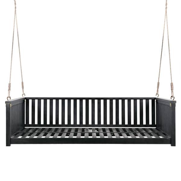 Black Wood Porch Swing, Patio Minimalist Twin Size Garden Swing Bed ...