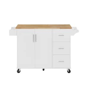 White Wood 53.8 in. Kitchen Island on 5 Wheels with Drop Leaf and Towel Rack