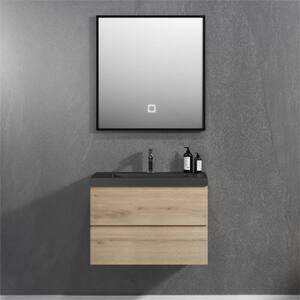 Angela 30 in. W x 18.7 in. D x 20.5 in. H Wall Mounted Bathroom Vanity in Natural Oak with Black Quartz Sand Sink