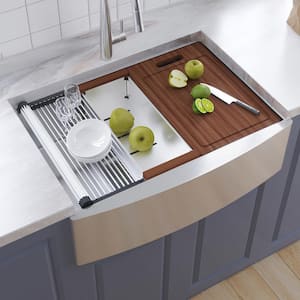 33 in. Farmhouse Single Bowl 18-Gauge Brushed Chrome Stainless Steel Kitchen Sink with Bottom Grids