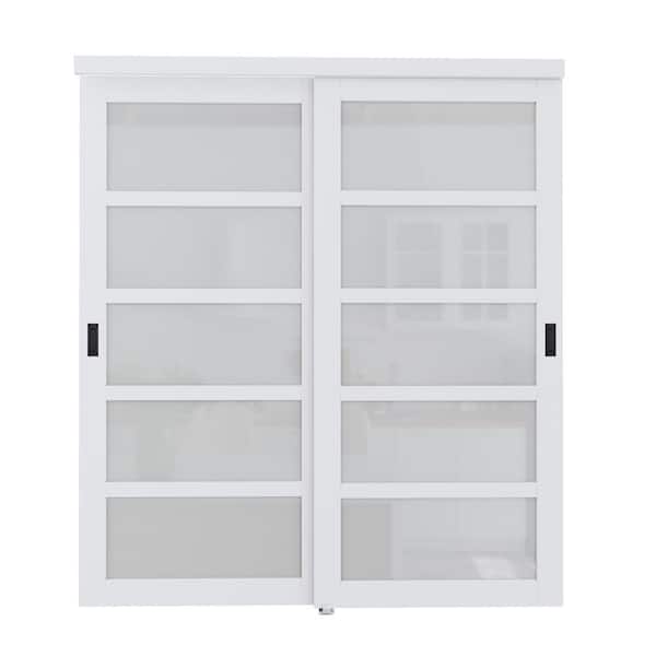 72 in. x 80 in. 5-Lite Tempered Frosted Glass Primed White MDF Interior Closet Sliding Door w/Black Handles and Hardware