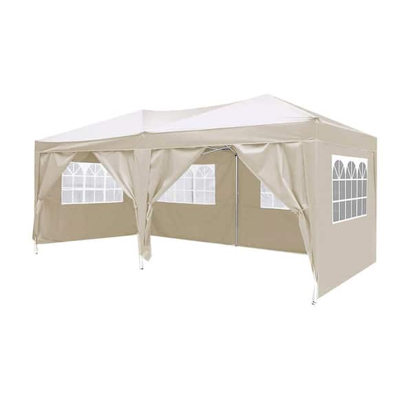 JimsMaison Beige Roof Metal Portable Carport 9.7 ft. W x 19.5 ft. D x 8.5 ft. H with 6-Removable Sidewalls and Carry Bag