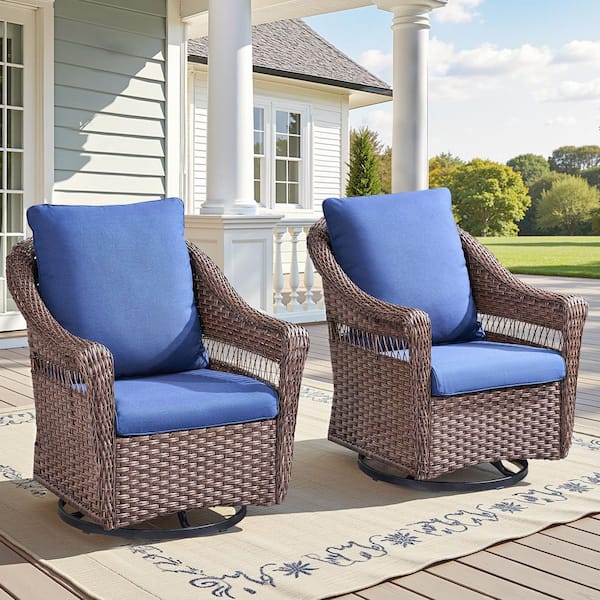 Wicker Outdoor Patio Conversation Lounge Chair Swivel Glider with Blue Cushions (2-Pack)