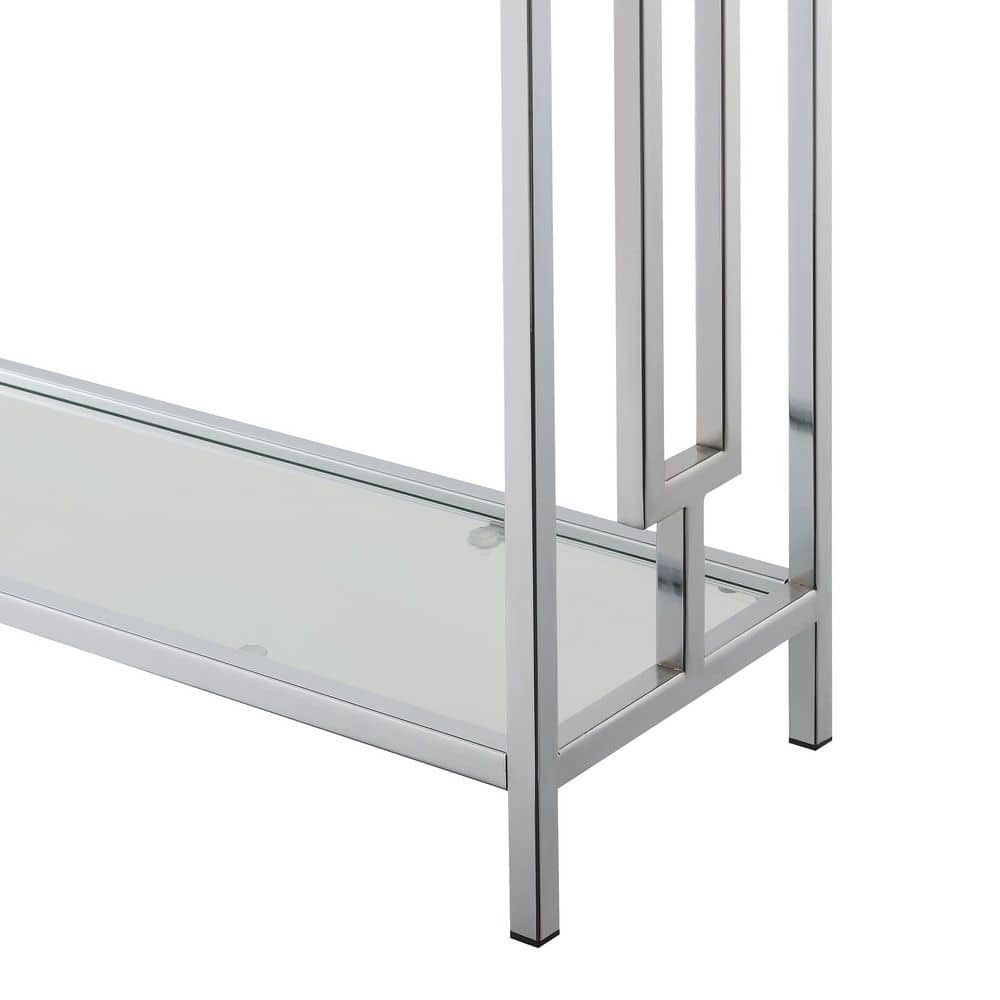 42" White Faux Marble and Chrome Console Table with Clear Glass Shelf
