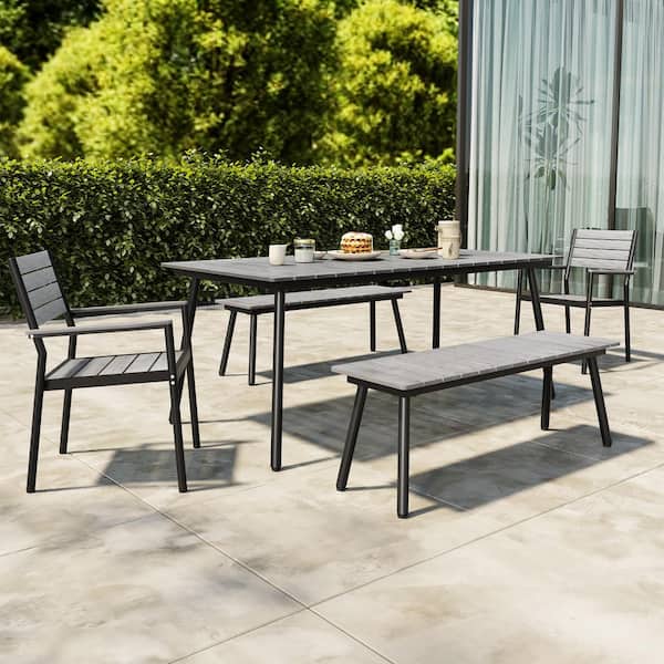 70 in. Gray Aluminum Wood-Like Outdoor Dining Set with Umbrella Hole and 2 Bench 2 Stackable Arm Chairs (5 Pieces)