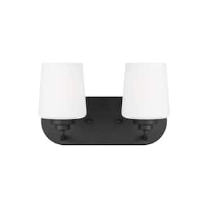 Windom 12 in. 2-Light Matte Black Contemporary Traditional Wall Bathroom Vanity Light with Alabaster Glass Shades