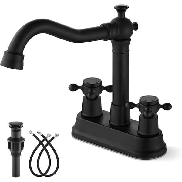 4 in. Centerset Double Handle Bathroom Faucet with Drain Kit Included in Matte Black
